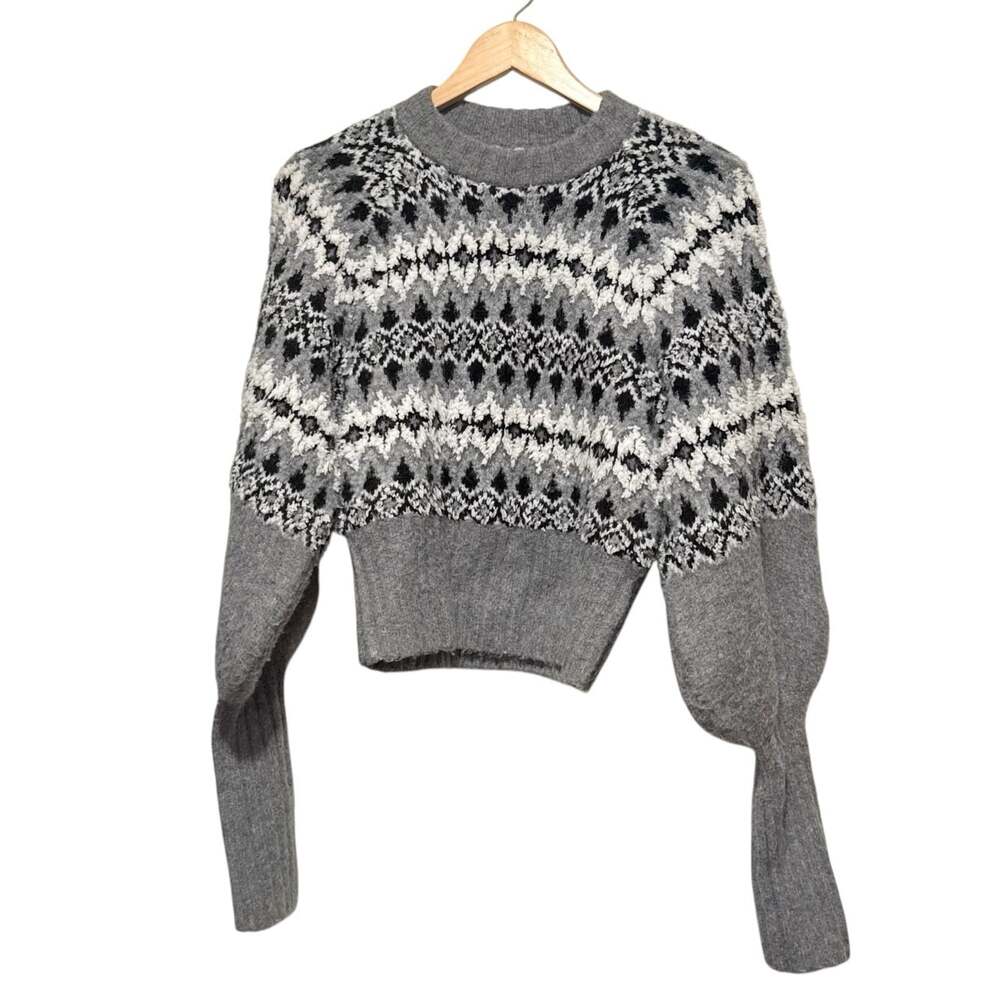 Revolve L'Academie Sz S Niara Gray Bishop Sleeve Wool Blend Fair Isle Sweater - Picture 2 of 9